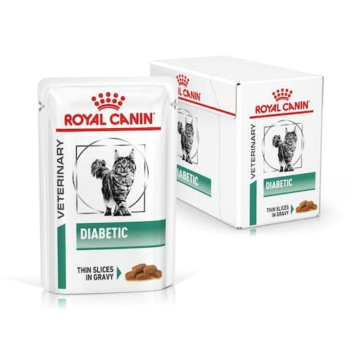 Royal Canin Veterinary Diabetic | 12 x 85 g | Diät-Alleinfuttermittel für Katzen | Zur Regulierung der Glucoseversorgung | Mit feinen Stückchen in Soße | Hoher Proteingehalt von ROYAL CANIN