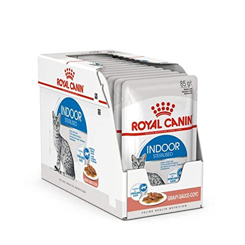 Royal Canin Indoor Sterilised in Soße | 12 x 85 g | Alleinfuttermittel für ausgewachsene Katzen die im Haus Leben | Für sterilisierte Katzen | Häppchen in Soße von ROYAL CANIN