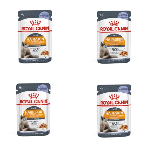 Royal Canin Hair & Skin Care Jelly | 4er Pack | 4 x 12 x 85g | Alleinfuttermittel für ausgewachsene Katzen | Kleine Stückchen in Gelee | Mit Omega 3- und Omega 6-Fettsäuren von ROYAL CANIN