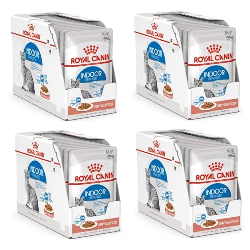 Royal Canin Indoor Sterilised in Soße | 4er Pack | 4 x 12 x 85 g | Alleinfuttermittel für ausgewachsene Katzen die im Haus Leben | Für sterilisierte Katzen | Häppchen in Soße von ROYAL CANIN