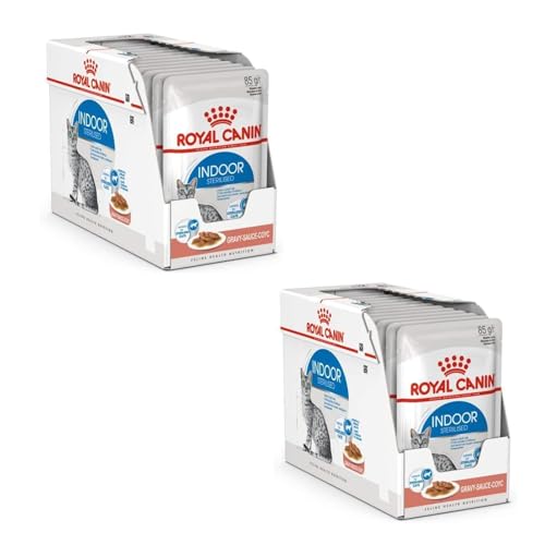 Royal Canin Indoor Sterilised in Soße | Doppelpack | 2 x 12 x 85 g | Alleinfuttermittel für ausgewachsene Katzen die im Haus Leben | Für sterilisierte Katzen | Häppchen in Soße von ROYAL CANIN