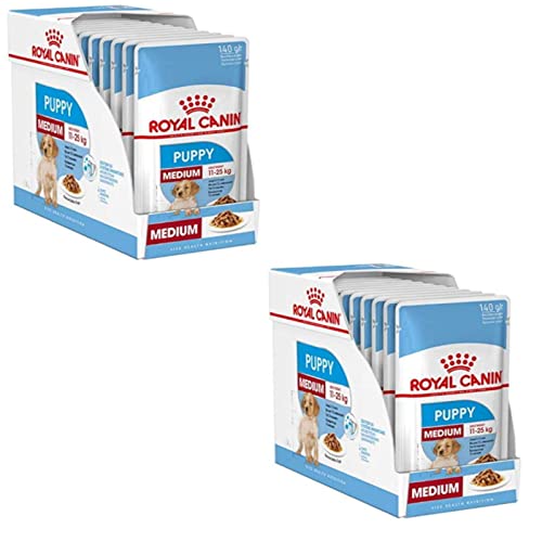 Royal Canin Medium Puppy | Doppelpack | 2 x 10 x 140 g | Nasses Welpenfutter für mittelgroße Hunde | Bis zum 12. Lebensmonat | Zur Unterstützung des Gehirns | Stückchen in Soße von ROYAL CANIN