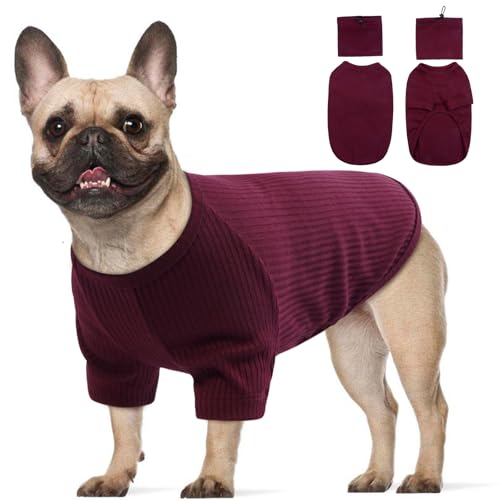 ROZKITCH Hunde-Shirt mit Kapuze, 2-in-1-Abdeckung, weich, leicht, gestreift, Hunde-Tanktop mit abnehmbaren Ohrwickeln, Hunde-Kapuzenpullover, für Jungen, Mädchen, dehnbarer Pullover, Weinrot, Größe S von ROZKITCH