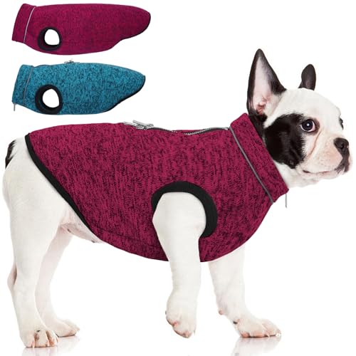 ROZKITCH Hundepullover, gestrickte Hundejacke mit Fleecefutter, Hundemäntel für kleine Hunde mit Reißverschlussöffnung für Geschirr, Fleece-Hundejacke, verstellbarer Hals, reflektierend, Größe M, Rosa von ROZKITCH