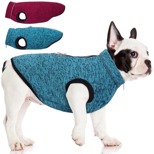 ROZKITCH Hundepullover, gestrickte Hundejacke mit Fleecefutter, Hundemäntel für kleine Hunde mit Reißverschlussöffnung für Geschirr, Fleece-Hundejacke, verstellbarer Hals, reflektierende von ROZKITCH