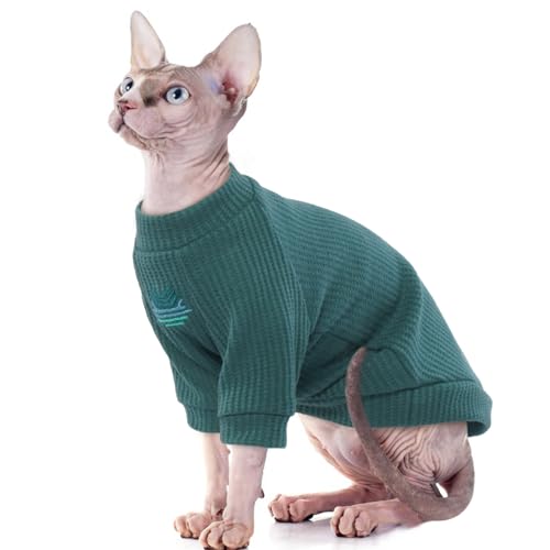 ROZKITCH Sphynx Katzenkleidung, atmungsaktiv, haarlos, Katzenhemd mit Ärmeln, Rollkragenpullover, Pyjama-Outfit für Cornish Rex, Devon Rex, Peterbald, Welpen, kleine Hunde, alle Jahreszeiten, Grün, von ROZKITCH