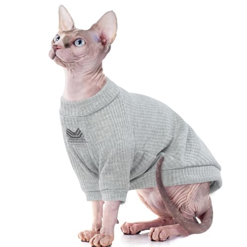 ROZKITCH Sphynx Katzenkleidung, atmungsaktiv, haarlos, Katzenhemd mit Ärmeln, Rollkragenpullover, Pyjama-Outfit für Cornish Rex, Devon Rex, Peterbald, Welpen, kleine Hunde, alle Jahreszeiten, Grau, von ROZKITCH