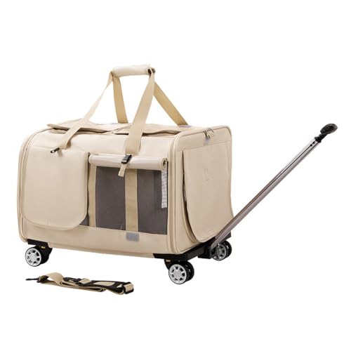 RR-YRN 2er-Set große rollende Katzentransportbox mit Rädern, Doppelfach-Haustiertransportbox, Reisetransportbox für Outdoor-Wandercamping,Beige von RR-YRN