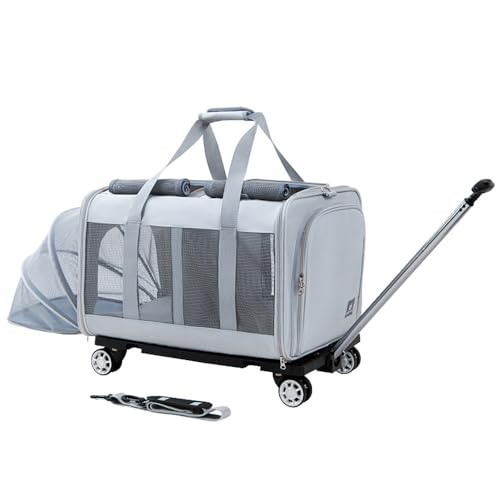 RR-YRN Katzentrage mit Rädern für 2 Katzen, Doppelfach-Transportbox für Haustiere, erweiterbare Katzen-Reisetransportboxen für Outdoor-Wandercamping,Silber von RR-YRN