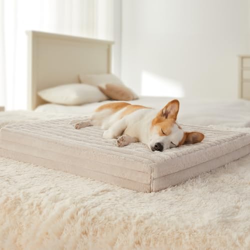 Wasserdichtes Hundebett, großes Hundebett mit weichem Kordsamt, abnehmbarer, waschbarer Hundebettbezug, großes Hundekäfigbett mit wasserdichter Oberseite und rutschfester Unterseite, Beige von RRPETHOME