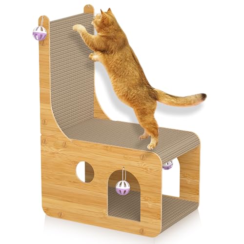 Katzenhaus Pappe mit Katzen Kratzbrett, Indoor Doppellagiges großes Karton Katzenhaus, L-förmiges verschleißfestes Katzenkratzbrett, mit 4-Spiel Glockenkugeln, Katzenbett Größe 65x40x23cm (L02) von RSHVSMS