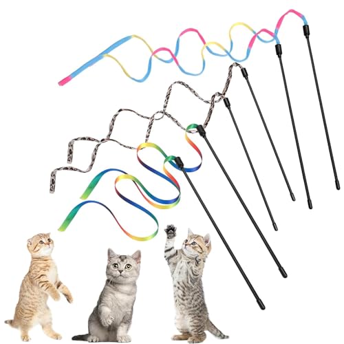 RSYHVG Katzenstab-Spielzeug-Set, 30 cm, interaktiver Stab mit 60 cm Regenbogenband, Stoffschnur für Haustier, Kätzchen, Training, Kätzchenfänger (6 Stück) von RSYHVG