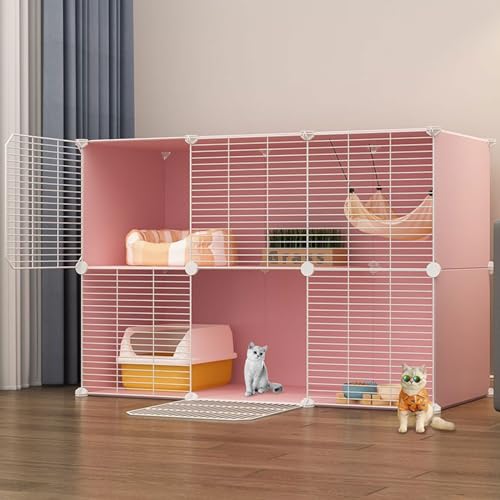 Katzenkäfig Groß, Abnehmbarer Katzengehege, DIY-Haustierheim for Den Innenbereich, Kleintierhaus, mit 2 Türen, 2 Ebenen for 1–2 Katzen(Pink) von RTTZBOZ