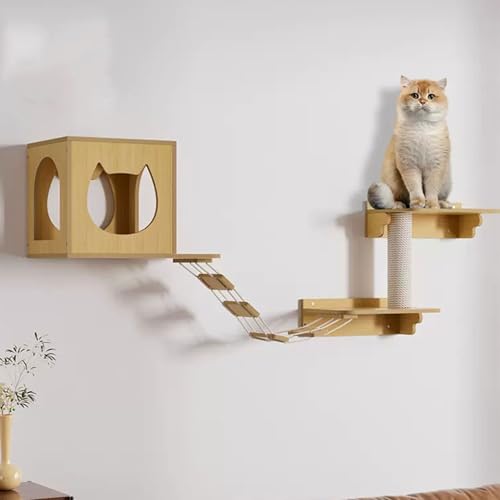 Kletterwand Katzen aus Massivholz, Katzenmöbel Wand, Schwebende Regale, Katzenwandsitz, Katzenwandkletterer, Katzentreppe Wand(Beige) von RTTZBOZ