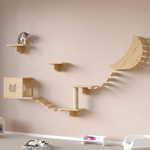 RTTZBOZ Katzen Kletterwand, Katzenmöbel Wand, Katzentreppe Wand, Katzenkletterwand aus Holz, Katzenregale für die Wand, Großes Katzenset von RTTZBOZ