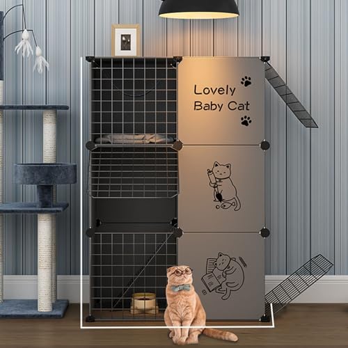 RTTZBOZ Katzenkäfig Große DIY-Katzengehege for Drinnen und Draußen Abnehmbarer Catio mit 3 Türen 3 Ebenen Haustierheim for 1-2 Katzen(Gray) von RTTZBOZ