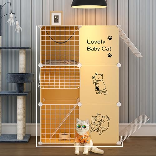 RTTZBOZ Katzenkäfig Große DIY-Katzengehege for Drinnen und Draußen Abnehmbarer Catio mit 3 Türen 3 Ebenen Haustierheim for 1-2 Katzen(Yellow) von RTTZBOZ
