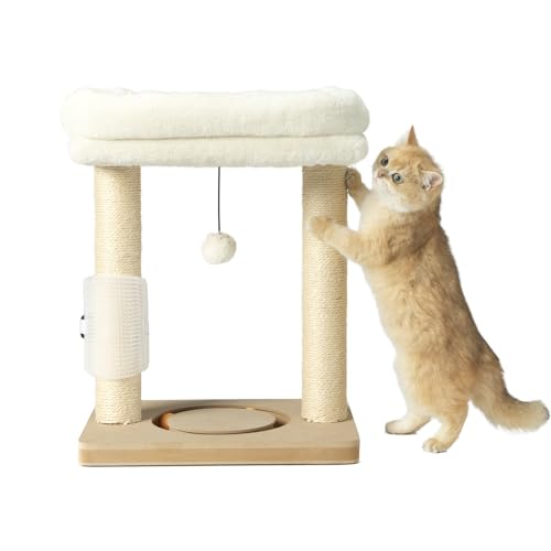 RUBMEOW Kleiner Kratzbaum für Hauskatzen, Sisal-Kratzbaum mit Turm und Kugel, Spielzeug zum Aufhängen, weiches Sitzbett, Selbstmassagebürste, Beige von RUBMEOW