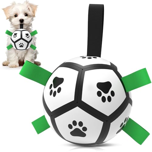 RUCACIO Hunde-Fußball mit 9 Riemen, interaktives Hundespielzeug für kleine Hunde, Wasserspielzeug für drinnen und draußen, langlebiges Welpenballspielzeug mit Griff, Hofspielzeug, Geschenke für von RUCACIO