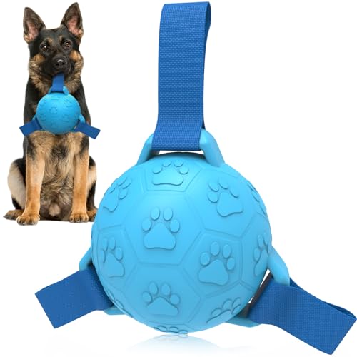 RUCACIO Hundespielzeug, unzerstörbare Hundebälle mit Riemen, robuster Hundefußball, Geburtstagsgeschenk für Hunde zum Welpenklein- und mittelgroßer Hunde, Blau (4 Zoll) von RUCACIO