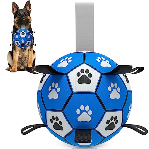RUCACIO Hundebälle Spielzeug: Interaktives Hundespielzeug für große Hunde, langlebiger Hunde-Fußball mit Riemen zum Tauziehen, Wasserspielzeug, Welpen-Geburtstagsgeschenke (blau) von RUCACIO