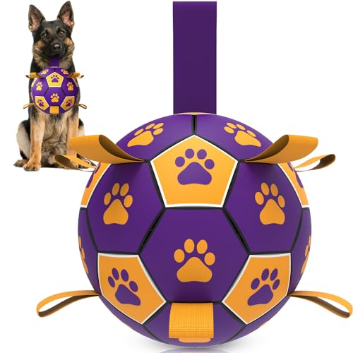 RUCACIO Hundebälle für große Hunde, langlebiger Hundefußball, Fußballspielzeug mit Riemen, interaktives Hundespielzeug zum Tauziehen, 20,3 cm von RUCACIO