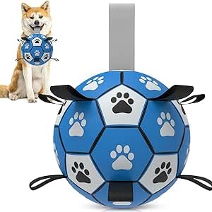 RUCACIO Hundebälle für große Hunde, langlebiges Hundefußballspielzeug mit Riemen, interaktives Hundespielzeug für Tauziehen, Hundewasserspielzeug（8inch） von RUCACIO