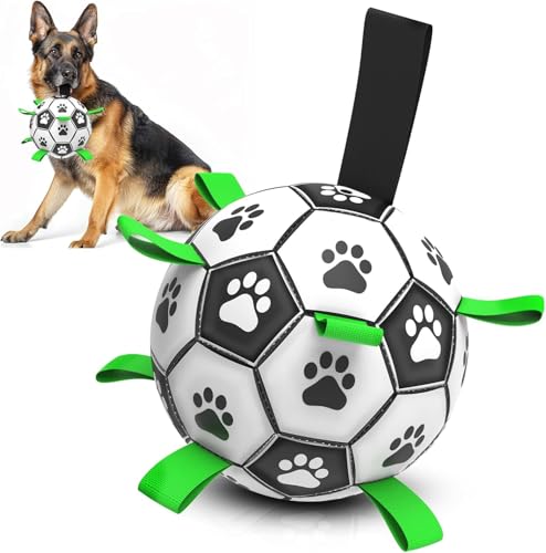 RUCACIO Hundespielzeug, Fußball mit Riemen, interaktives multifunktionales Outdoor-Welpenspielzeug, Herding Dog Retrieval Spielzeug, Hunde-Wasserspielzeug, langlebiger Hundeball, Geburtstag für von RUCACIO