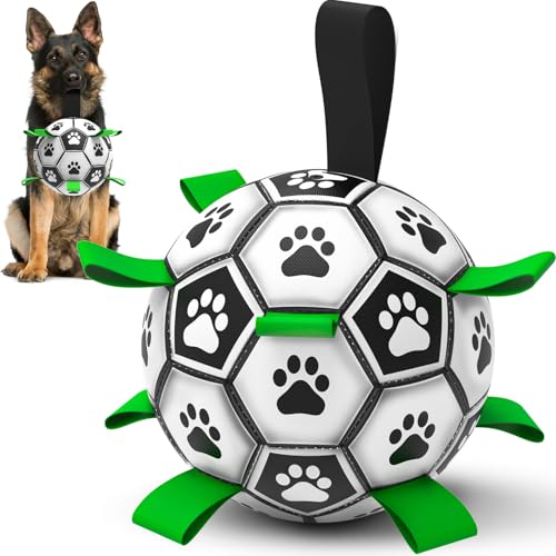 RUCACIO Hundespielzeug, Fußball mit Riemen, interaktives multifunktionales Outdoor-Welpenspielzeug, Herding Dog Retrieval Spielzeug, Hunde-Wasserspielzeug, langlebiger Hundeball, Geburtstag für von RUCACIO