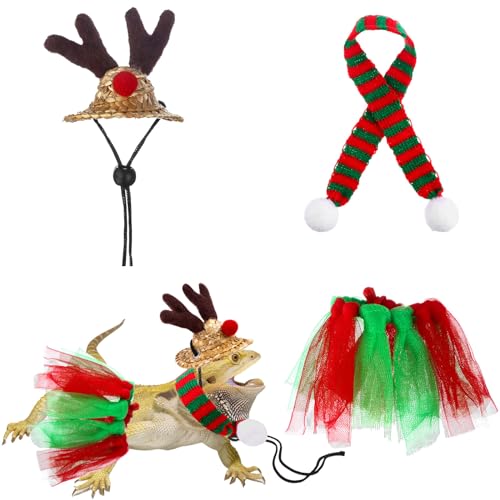 Weihnachtsmütze mit Bartdrache und Schal, verstellbar, bunt, Weihnachtskostüm, Zubehör für Eidechse, Reptilien und andere kleine Tiere, 3 Stück von RUDFUZ