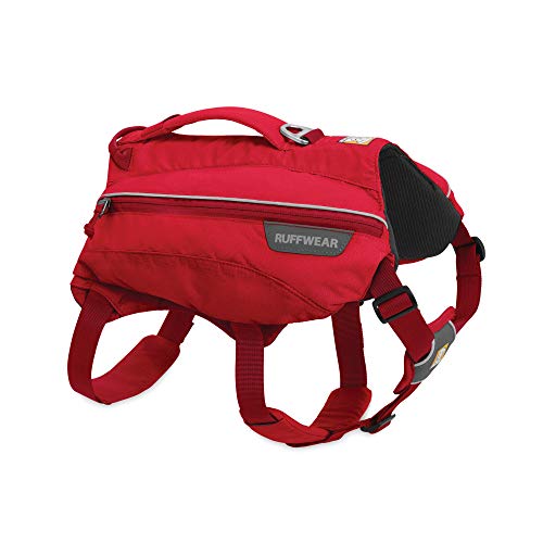 RUFFWEAR Trinkrucksack für Hunde, Inklusive 2 x 600 ml Wasserflasche, Kleine Hunderassen, Größenverstellbar, Größe: S, Rot (Red Currant), Singletrak Pack von RUFFWEAR