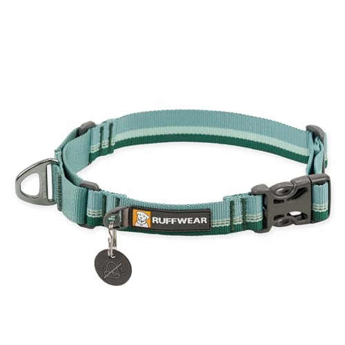 RUFFWEAR Web Reaction Hundehalsband, verstellbares Martingal-Halsband mit Aluminium-V-Ring und seitlicher Öffnung, bequemer Stoff, reflektierendes mit Schlauchlock-Gurtband River Rock Green 11"-14" von RUFFWEAR
