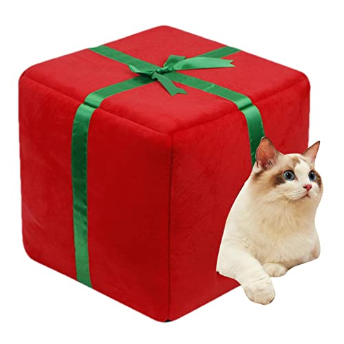 Weihnachtskatzenbett für Hauskatzen - Süßes Katzenzelt mit abnehmbarem, waschbarem, gepolstertem Kissen - Weihnachtsgeschenkbox-förmiges Haustierhaus für kleine, mittelgroße Katzen und Hunde Ruftup von RUFTUP