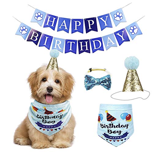 RUIXIA 4 Stück Hund Geburtstag Partyhut Kopftücher Banner Set, Haustier Geburtstagsset Caps Dreieckstuch Wiederverwendbare Pailletten Headwear Bowknot Party Kostüm für die Meisten Hunde Katzen von RUIXIA