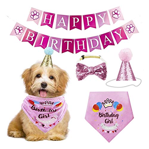 RUIXIA 4 Stück Hund Geburtstag Partyhut Kopftücher Banner Set, Haustier Geburtstagsset Caps Dreieckstuch Wiederverwendbare Pailletten Headwear Bowknot Party Kostüm für die Meisten Hunde Katzen von RUIXIA