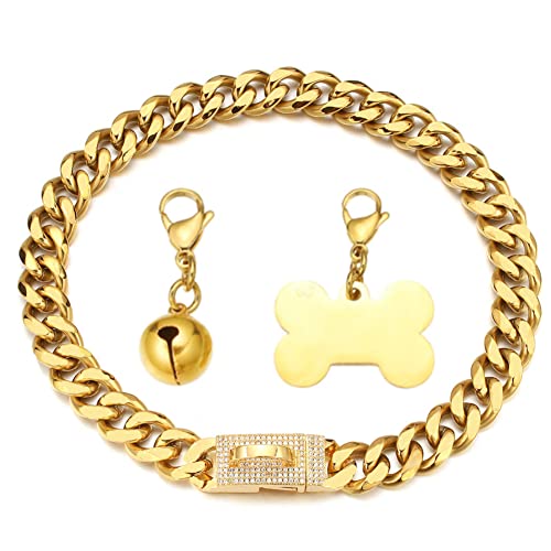 RUMYPET Goldfarbenes Hundehalsband, 18 Karat, kubanische Gliederkette, Halsband mit Zirkonia-Design, Schnalle, Hundemarke und Glöckchen, 15 mm/19 mm, robust, kaufest, Edelstahl, 15 mm von RUMYPET