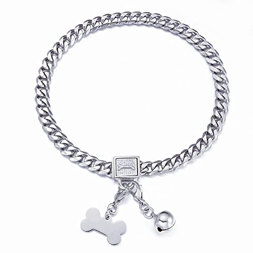 RUMYPET Hundehalsband, Metall, mit Zirkonia-Schnalle, Hundemarke und Hundeglocke, silberfarben, kubanische Verbindung, 11 mm/15 mm/19 mm, kausicher, mittelgroße und große Hunde (11 mm, 35.6 cm) von RUMYPET