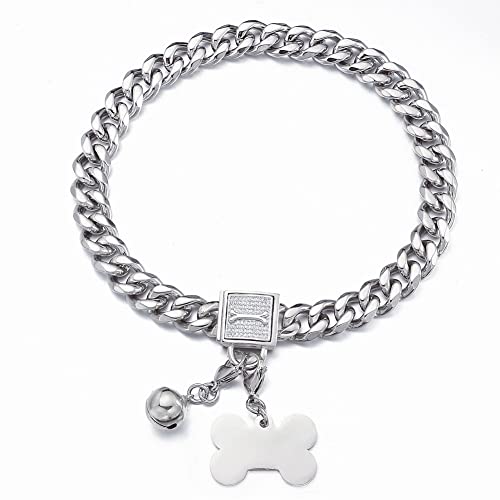 RUMYPET Hundehalsband, Metall, mit Zirkonia-Schnalle, Hundemarke und Hundeglocke, silberfarben, kubanische Verbindung, 11 mm/15 mm/19 mm, kausicher, mittelgroße und große Hunde (15 mm, 30.5 cm) von RUMYPET