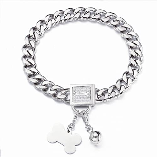 RUMYPET Hundehalsband, Metall, mit Zirkonia-Schnalle, Hundemarke und Hundeglocke, silberfarben, kubanische Verbindung, 11 mm/15 mm/19 mm, kausicher, mittelgroße und große Hunde (19 mm, 25.4 cm) von RUMYPET