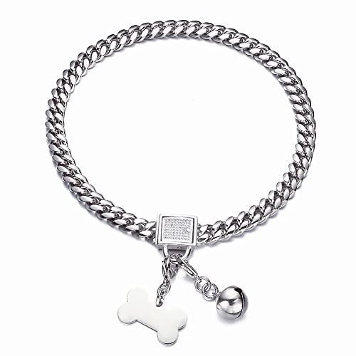 RUMYPET Silbernes Hundehalsband, 10 mm/14 mm/18 mm, kubanische Gliederkette, Choke-Halsband mit CZ-Schnalle, Hundemarke und Hundeglocke, American Pitbull Deutscher Schäferhund (10 mm, 35.6 cm) von RUMYPET