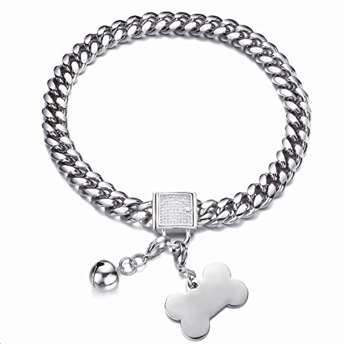 RUMYPET Silbernes Hundehalsband, 10 mm/14 mm/18 mm, kubanische Gliederkette, Choke-Halsband mit CZ-Schnalle, Hundemarke und Hundeglocke, American Pitbull Deutscher Schäferhund (14 mm, 55.9 cm) von RUMYPET