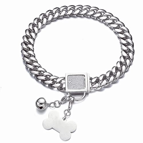 RUMYPET Silbernes Hundehalsband, 10 mm/14 mm/18 mm, kubanische Gliederkette, Choke-Halsband mit CZ-Schnalle, Hundemarke und Hundeglocke, American Pitbull Deutscher Schäferhund (18 mm, 55.9 cm) von RUMYPET