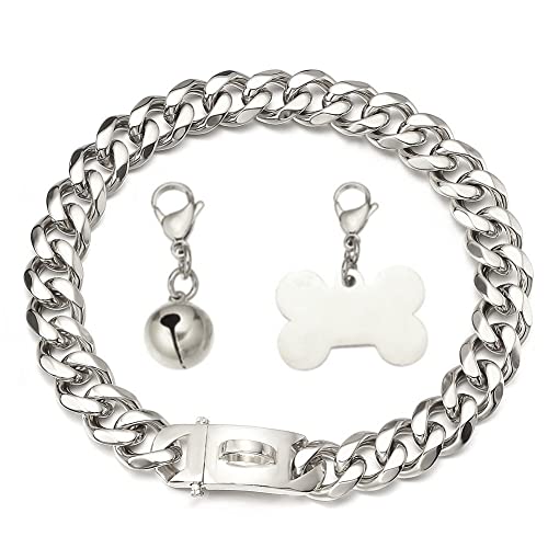 RUMYPET Silbernes Hundehalsband, kubanische Gliederkette, Hundehalsband mit Designschnalle, Hundemarke und Glocke, 15 mm/19 mm, starke, schwere Edelstahlkette, Hundehalsband, 15 mm, 35,6 cm von RUMYPET