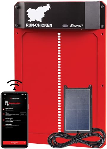RUN-CHICKEN Tür (rot) Solar Hühnerstall Tür, batteriebetriebene automatische Hühnerstalltür, programmierbare elektrische Hühnertür mit Timer, Lichtsensor, solarbetrieben, eternal+ E50 von RUN-CHICKEN
