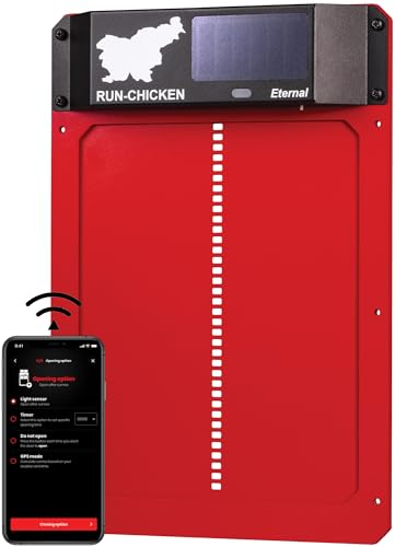 Run-Chicken Tür (rot) Solar Hühnerstall Tür, batteriebetriebene automatische Hühnerstalltür, programmierbare elektrische Hühnertür mit Timer, Lichtsensor, solarbetrieben, Eternal von RUN-CHICKEN