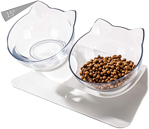 Purrbowl Orthopädischer Katzenfutterspender gegen Erbrechen, 15 Grad geneigtes Design, Nackenschutzständer erhöht, for Katzen und kleine Hunde /75/2073 (Color : White Base and transparent Double Bowl von RUNSIBA