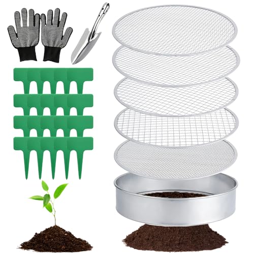 Gartensieb Rund, 5 in1 Gartensieb Edelstahl 30 cm, mit 5 Austauschbare Siebeinsätze Ø 3,6,9,10,12 mm, kompostsieb rund metall, inklusive Gartenschaufel und 20 Pflanzenetiketten 1 Paar Handschuhe. von RURIZHONGTIAN