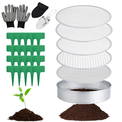 Gartensieb Rund, 5 in1 Gartensieb Edelstahl 20 cm, mit 5 Austauschbare Siebeinsätze Ø 3,6,9,10,12 mm, kompostsieb rund metall, inklusive Gartenschaufel und 20 Pflanzenetiketten 1 Paar Handschuhe. von RURIZHONGTIAN