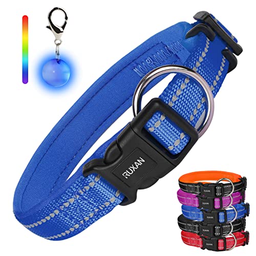 RUXAN Hundehalsband Weich Gepolstertes, Verstellbare Reflektierend Hunde Halsband, Atmungsaktiv Nylon Hundehalsband mit 1 LED Licht, for Kleine, Mittel, Große Hunde (M: 40-45cm, Blue) von RUXAN