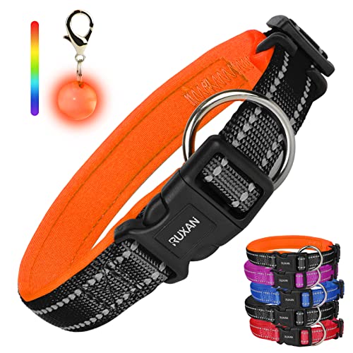 RUXAN Hundehalsband Weich Gepolstertes, Verstellbare Reflektierend Hunde Halsband, Atmungsaktiv Nylon Hundehalsband mit 1 LED Licht, for Kleine, Mittel, Große Hunde (L: 45-48cm, Orange) von RUXAN